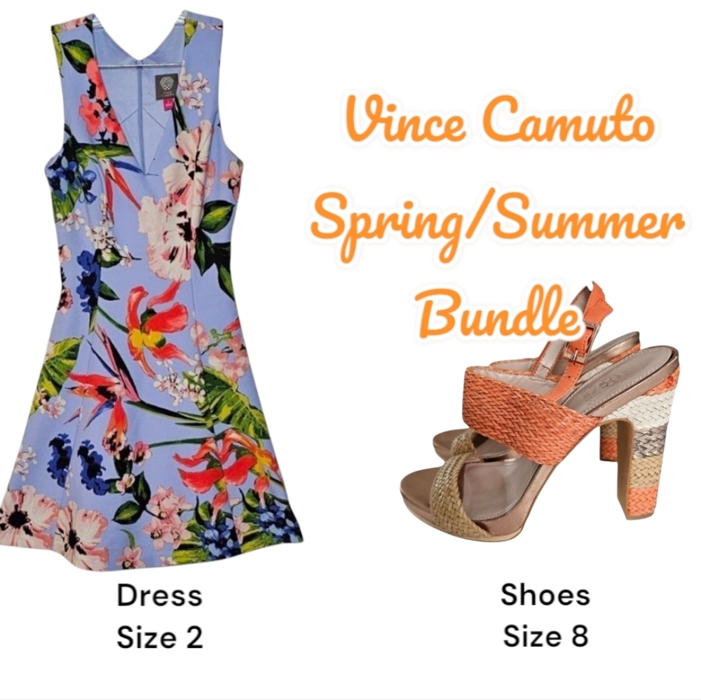 Vince Camuto Blue Floral Dress size 2 w Braided Leather Platform Sandals size 8
